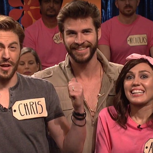 Alex Moffat as Chris Hemsworth and Miley Cyrus as Amanda are joined by Liam Hemsworth on 'SNL'