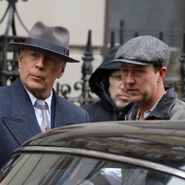 Actors Edward Norton and Bruce Willis are seen on the set of 'Motherless Brooklyn' movie in harlem on February 6, 2018 in New York City