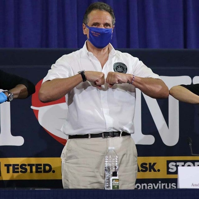 Andrew Cuomo Is joined by Rosie Perez and Chris Rock at a press conference where the two performers helped to promote coronavirus testing, social distancing and the use of a face mask on May 28, 2020 in New York City. 