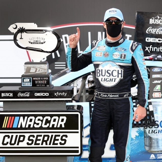 Kevin Harvick, driver of the #4 Busch Light YOURFACEHERE Ford, celebrates in Victory Lane after winning the NASCAR Cup Series The Real Heroes 400 at Darlington Raceway on May 17, 2020 in Darlington, South Carolina. NASCAR resumes the season after the nationwide lockdown due to the ongoing coronavirus (COVID-19).