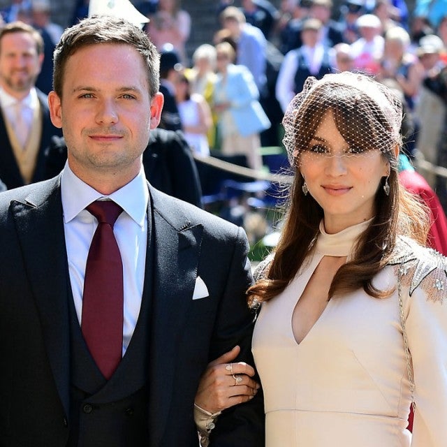 Patrick J. Adams and Troian Bellisario at St George's Chapel at Windsor Castle before the wedding of Prince Harry to Meghan Markle 