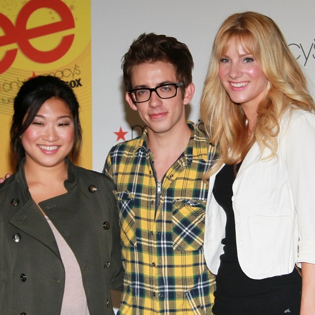 Actors Jenna Ushkowitz, Kevin McHale and Heather Morris attend the Macy's "Glee" apparel launch event at Macy's Beverly Center on August 21, 2010 in Los Angeles, California.