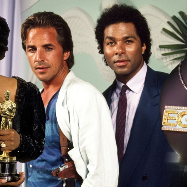 Split: Whoopi Goldberg with Oscar trophy, Don Johnson and Philip Michael Thomas on 'Miami Vice,' and the EGOT necklace on '30 Rock.'