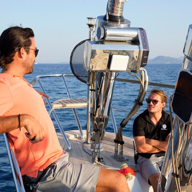 Colin Macrae and Gary King chat aboard Parsifal III while filming Bravo's Below Deck Sailing Yacht