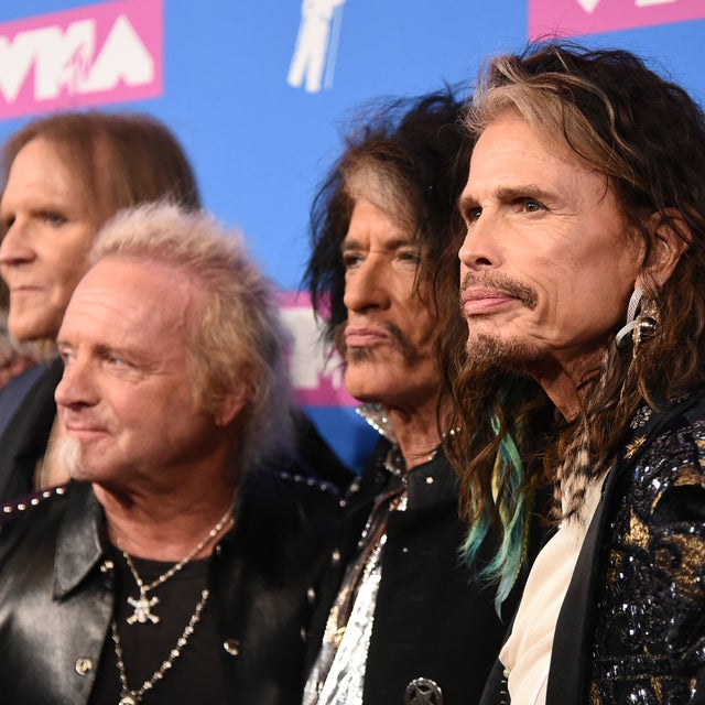Brad Whitford, Tom Hamilton, Joey Kramer, Joe Perry, and Steven Tyler of Aerosmith attend the 2018 MTV Video Music Awards at Radio City Music Hall on August 20, 2018 in New York City