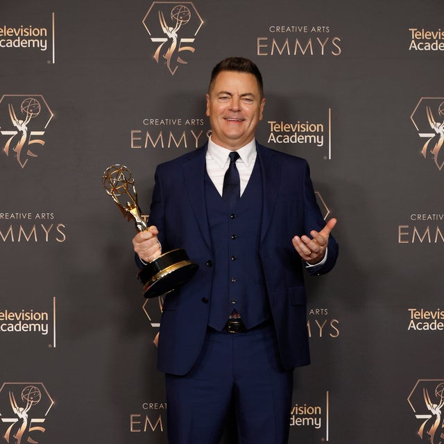 Nick Offerman poses with the Outstanding Guest Actor in a Drama Series award during the 2024 Creative Arts Emmys at Peacock Theater on January 06, 2024 in Los Angeles, California.