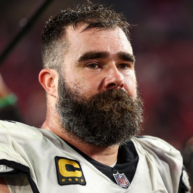 Jason Kelce #62 of the Philadelphia Eagles looks on after an NFL wild-card playoff football game against the Tampa Bay Buccaneers at Raymond James Stadium on January 15, 2024 in Tampa, Florida.