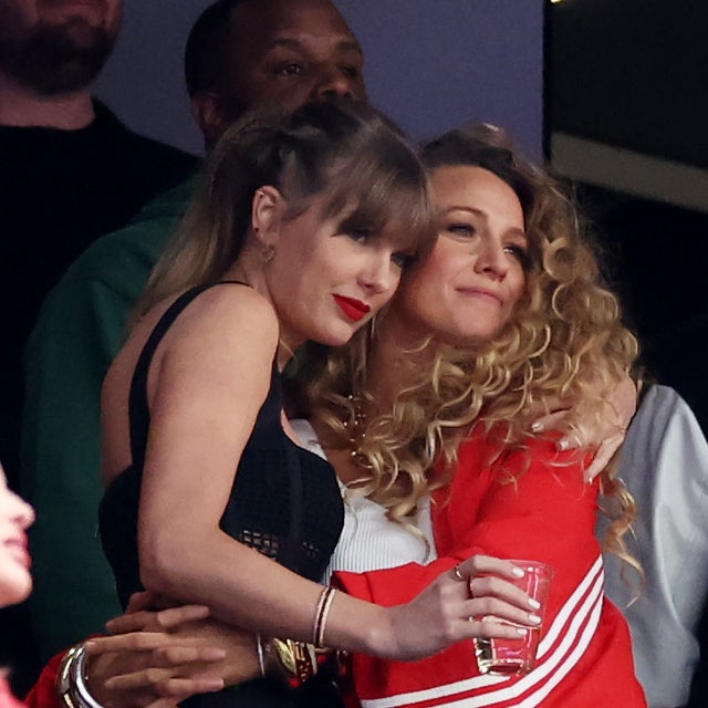 Taylor Swift and Actress Blake Lively hug prior to Super Bowl LVIII between the San Francisco 49ers and Kansas City Chiefs at Allegiant Stadium on February 11, 2024 in Las Vegas, Nevada.