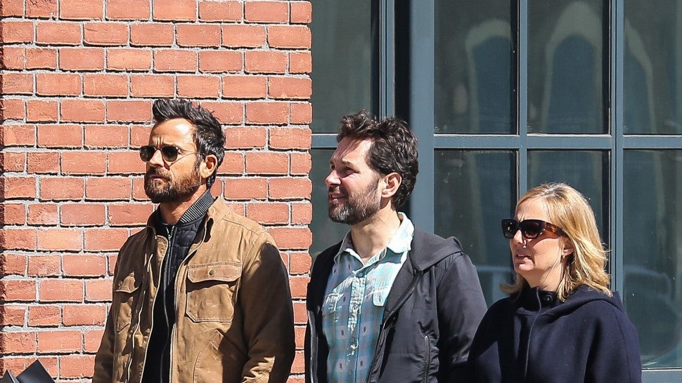 Justin Theroux walks with Paul Rudd and his wife in NYC on Easter Sunday.