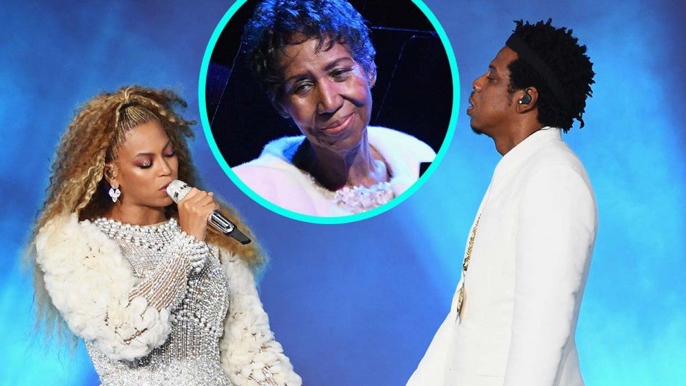 Beyonce and JAY-Z on their 'On The Run II Tour' with Aretha Franklin (inset)