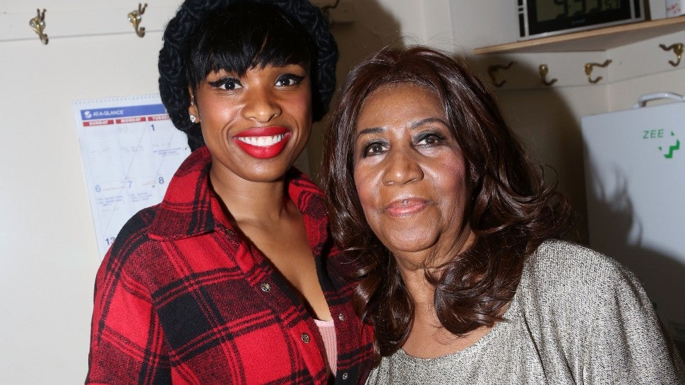 Jennifer Hudson and Aretha Franklin pose backstage at the hit musical 'The Color Purple' on Broadway at The Jacobs Theater on December 15, 2015 in New York City.