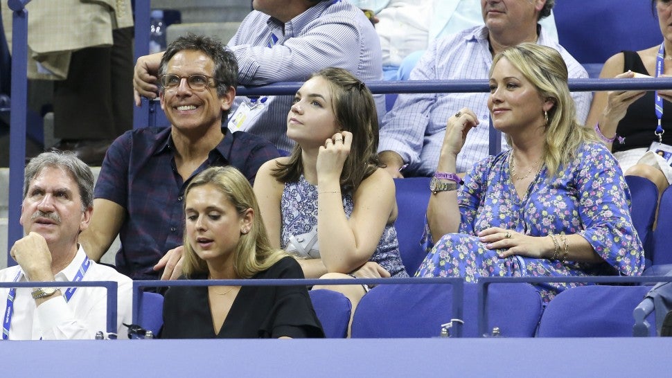 Ben Stiller, Christine Taylor and their daughter Ella Stiller attend day 3 of the 2018 tennis US Open on Arthur Ashe stadium at the USTA Billie Jean King National Tennis Center on August 29, 2018 in Flushing Meadows, Queens, New York City. 