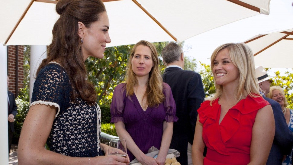 Catherine, Duchess of Cambridge speaks with Kristin Gore (C) and Reese Witherspoon during a reception to mark the launch of Tusk's US Patron Circle at the home of Steve Tisch on July 10, 2011 in Beverley Hill, California.