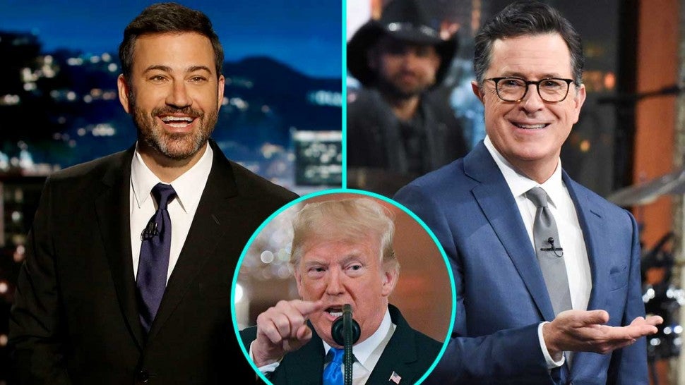 Jimmy Kimmel, President Donald Trump and Stephen Colbert