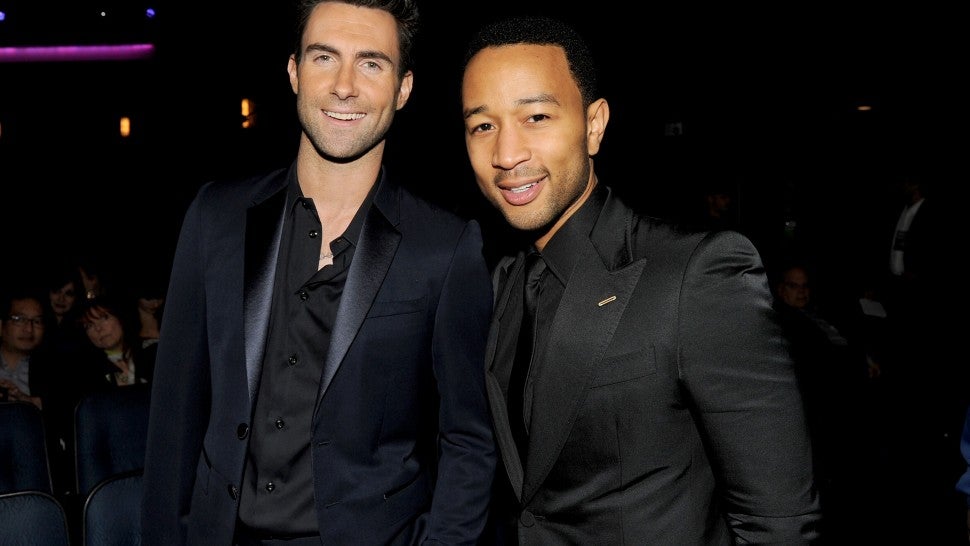 Adam Levine and John Legend pose at the 2011 American Music Awards held at Nokia Theatre L.A. LIVE on November 20, 2011