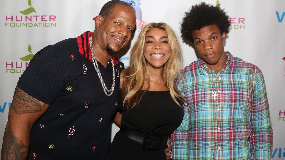 Kevin Hunter, wife Wendy Williams and son Kevin Hunter Jr pose at a celebration for The Hunter Foundation Charity that helps fund programs for families and youth communities in need of help and guidance at Planet Hollywood Times Square on July 11, 2017 in New York City.