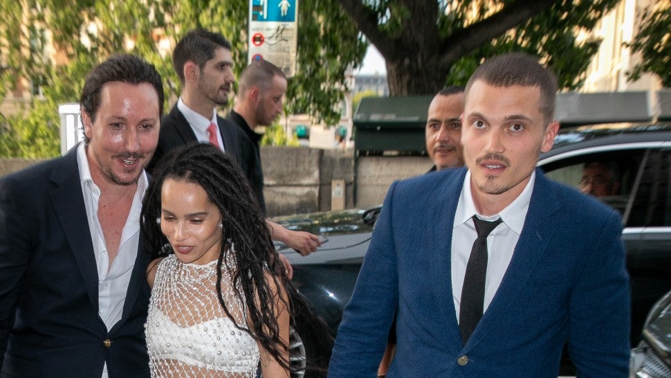 Zoe Kravitz and Karl Glusman arrive at the 'Laperouse' restaurant on June 28, 2019 in Paris, France.