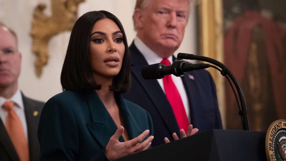 Kim Kardashian speaks at press conference with Donald Trump in June 2019.