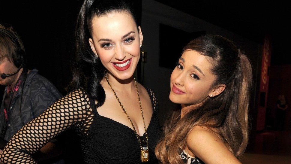 Katy Perry and Ariana Grande backstage at the MTV EMA's 2013 at Ziggo Dome on November 10, 2013 in Amsterdam, Netherlands.
