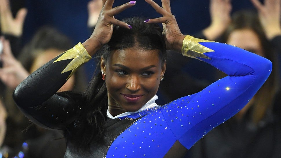 Nia Dennis performs the floor exercise during UCLA Gymnastics Meet the Bruins intra squad event at Pauley Pavilion on December 14, 2019 in Los Angeles, California.