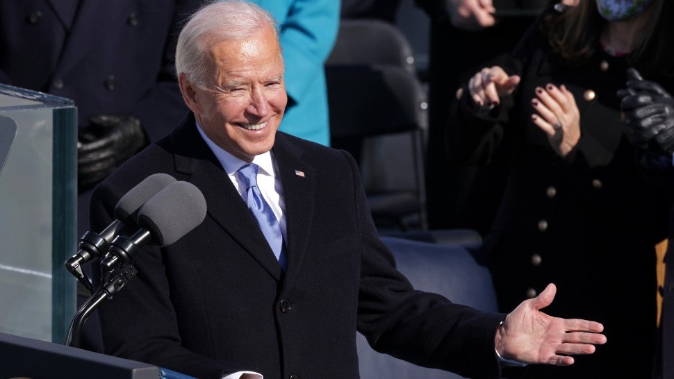 Joe Biden delivers his inaugural address on the West Front of the U.S. Capitol on January 20, 2021 in Washington, DC. 