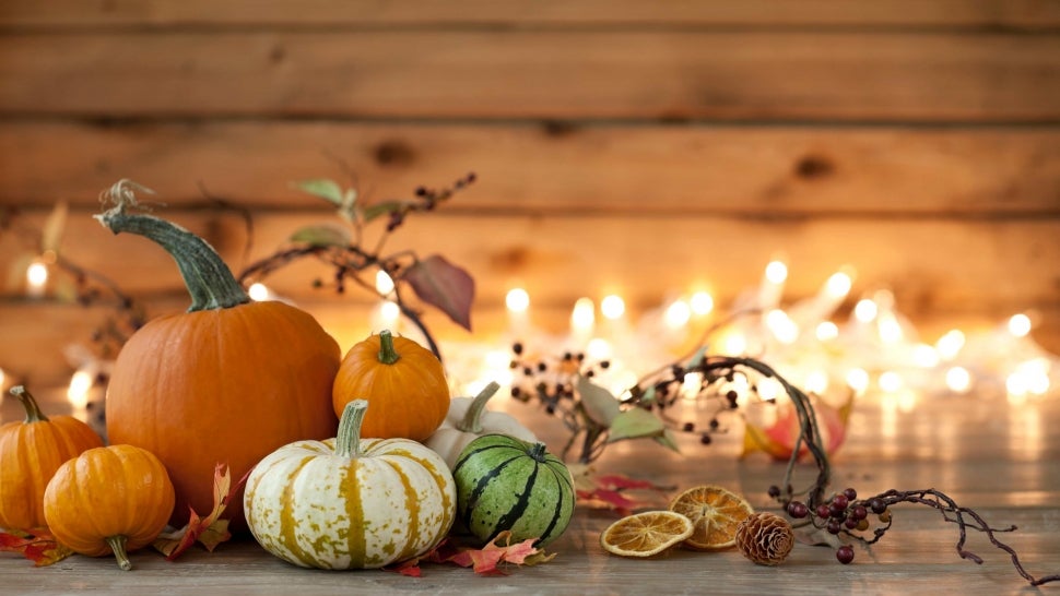 Autumn pumpkins, gourds and holiday decor arranged against an old wood background with glowing Christmas lights. Very shallow depth of field for effect.