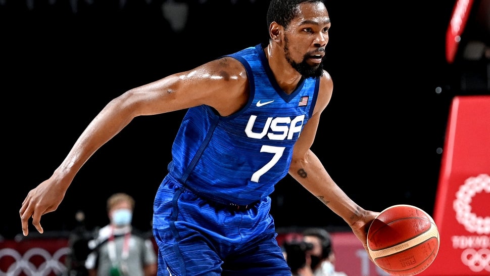 Kevin Durant of the USA in action during the quarter final Basketball match between the USA and Spain on day eleven of the Tokyo 2020 Olympic Games at Saitama Super Arena on August 03, 2021 in Saitama, Japan.