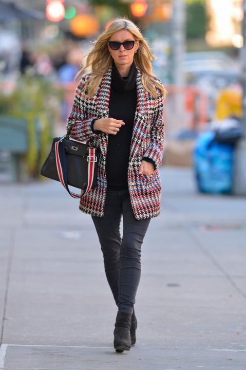 Nicky Hilton in NYC in plaid coat