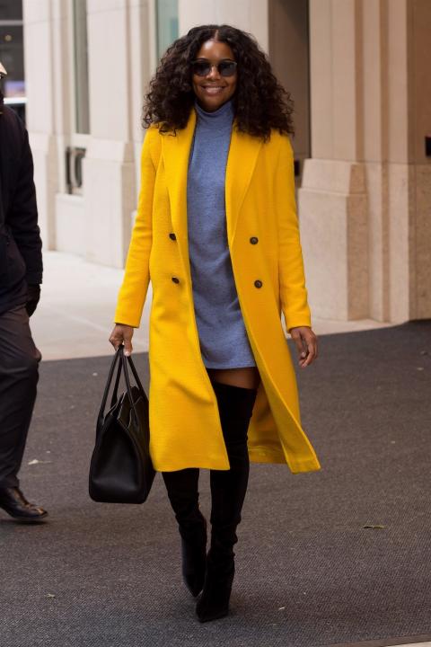 Gabrielle Union in yellow jacket in NYC