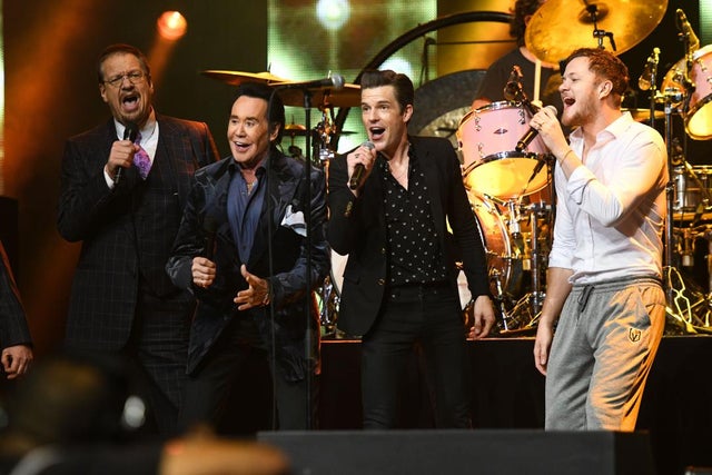Penn Jillette, Wayne Newton, Brandon Flowers and Dan Reynolds at Vegas Strong Benefit Concert
