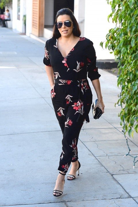 Eva Longoria in floral jumpsuit in Beverly Hills
