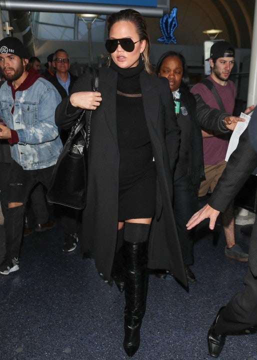 Chrissy Teigen in all-black outfit in February 2018