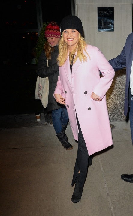 Reese Witherspoon in pink coat in NYC
