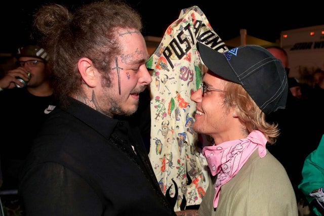 Post Malone and Justin Bieber backstage during Day 2 of Coachella Music Fest 2018