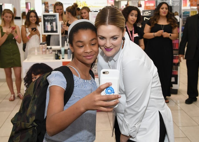 Drew Barrymoore and fan at ulta event in nyc