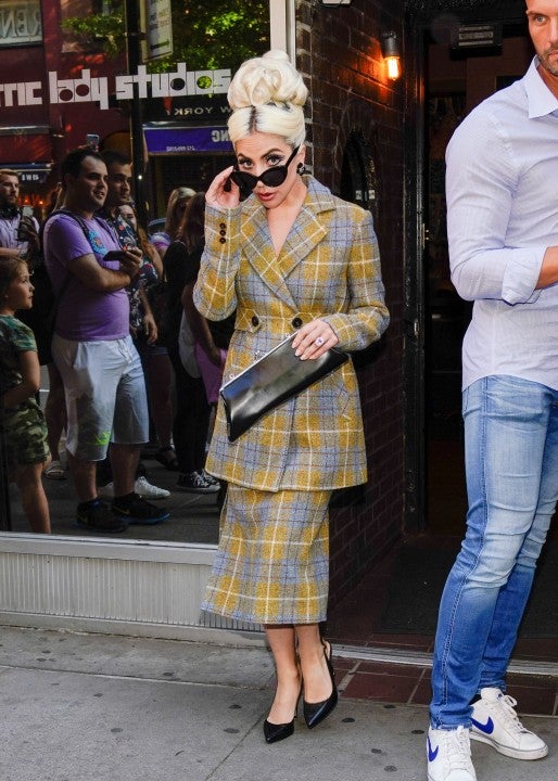 Lady Gaga in plaid suit in NYC