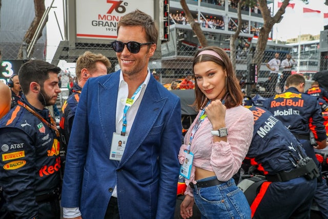 Tom Brady and model Bella Hadid are seen during the Monaco Formula One Grand Prix at Circuit de Monaco on May 27, 2018 in Monte-Carlo, Monaco.