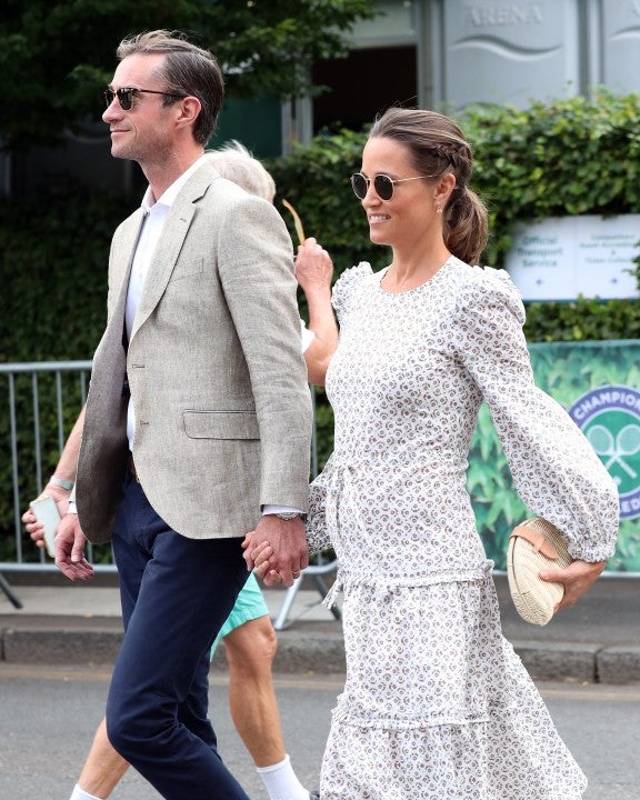Pippa Middleton in printed dress at Wimbledon with James Matthews