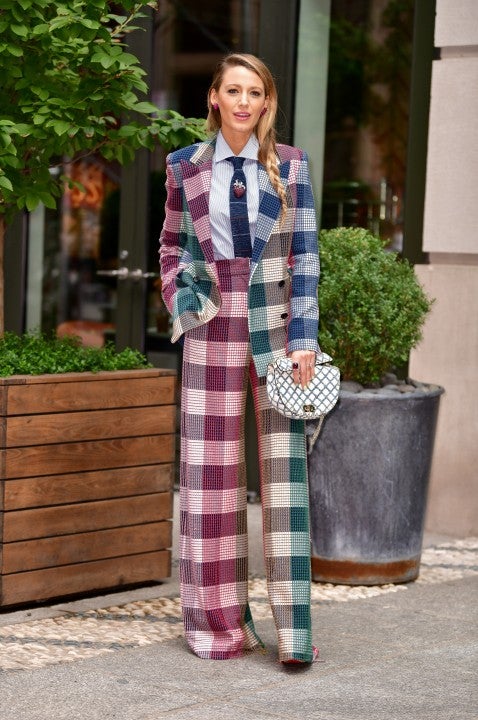 Blake Lively colorful check pantsuit