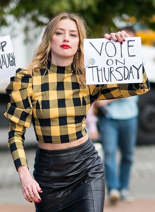Amber Heard with vote sign during NYFW