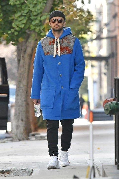 Justin Timberlake in blue coat in nyc