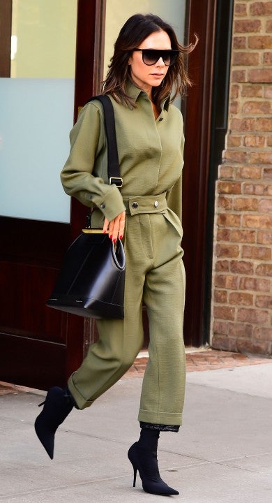 Victoria Beckham in NYC in olive jumpsuit
