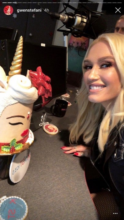 Gwen Stefani with holiday cake at radio station