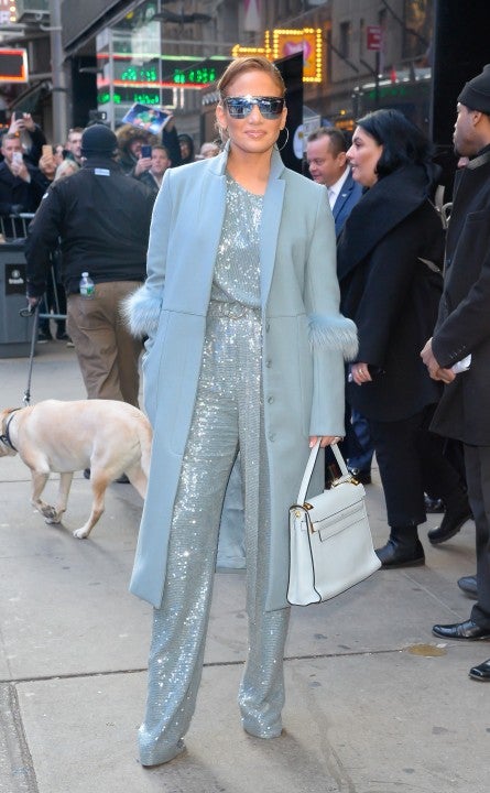 Jennifer Lopez in pale blue outfit outside good morning america