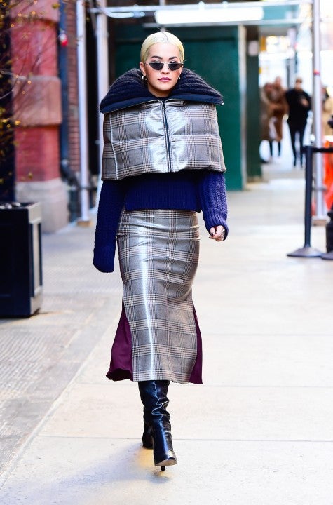 Rita Ora in cropped plaid coat in NYC