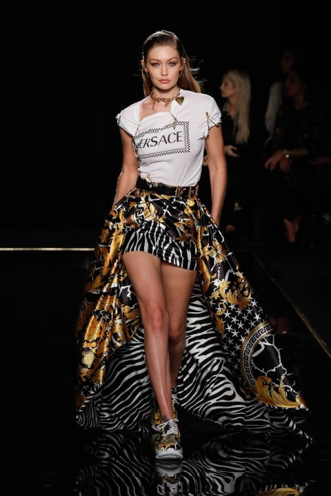 Gigi Hadid walking in Versace pre-fall 2019 show
