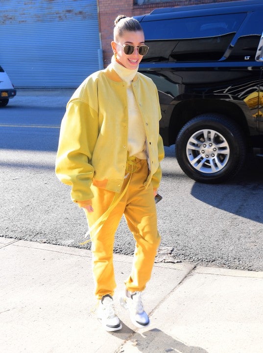 Hailey Baldwin in yellow during NYC photoshoot