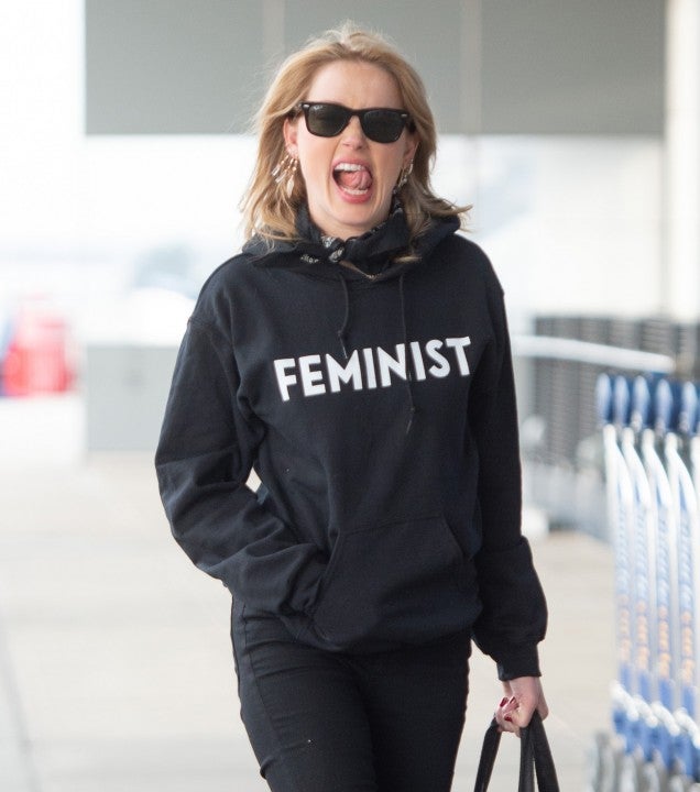 Amber Heard at JFK airport in feminist hoodie