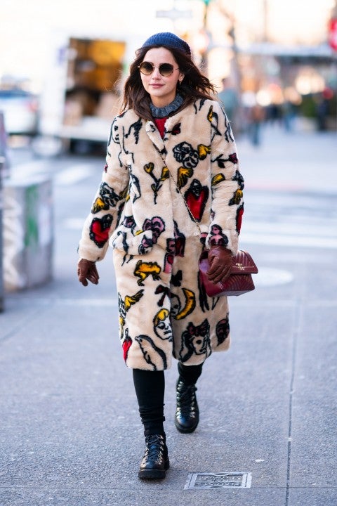 Jenna Coleman in NYC in printed coat
