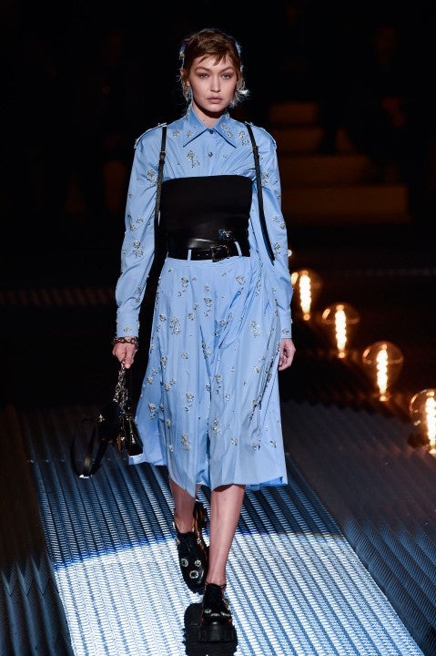 Gigi Hadid walks the runway at the Prada show during Milan Menswear Fashion Week